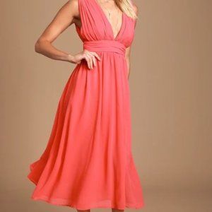 Lulus Divine Dahlia Coral Pink Midi Dress NWT